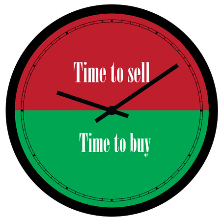 Vector illustration of wall clock with text time to buy and time to sell on its dial.