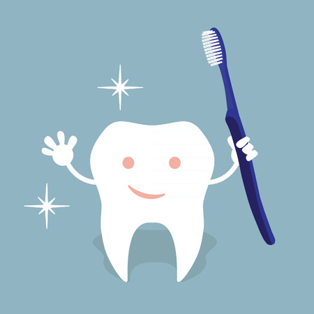 Children teeth care and hygiene cartoon flat vector icon. Oral hygiene banner with cute tooth. Brushing, flossing and rinsing. Vector illustration.のイラスト素材