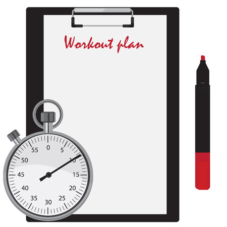 Workout plan on clipboard, red marker pen and stopwatch counter.のイラスト素材