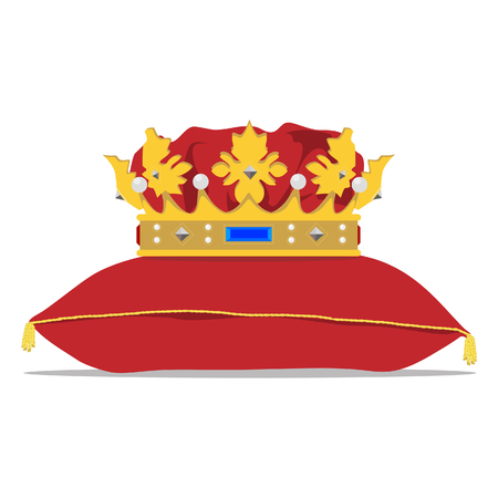 Vector illustration golden crown on the red pillow. Royal crown on velvet pillowのイラスト素材
