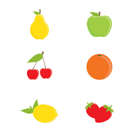 Vector collection of fruit icons. Yellow pear, green apple, orange, lemon, cherry and strawberryのイラスト素材