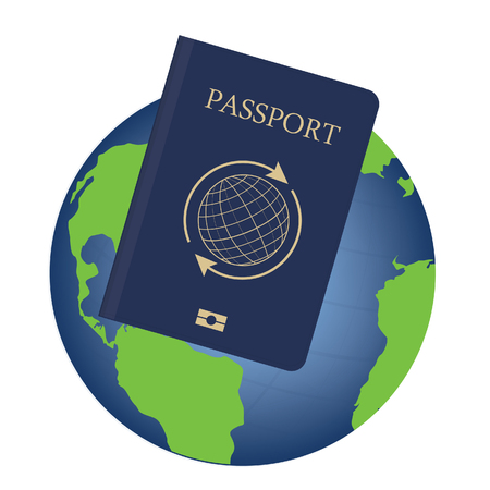 Vector illustration world globe and blue citizen passport. Globe icon. Passport with globe symbol and arrows around it. Tourism conceptのイラスト素材