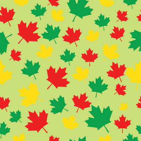 Seamless pattern maple leaves red, green and yellow falling from tree on green background. Maple leaf vector illustrationのイラスト素材