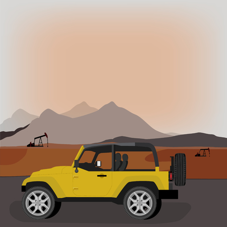 Silhouette of working oil pump on sunset mountain background or landscape and yellow car riding. Pump rocking. Crude oil production. Industrial illustrationのイラスト素材