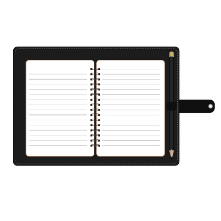 Vector illustration of personal organizer, diary or notebook. Opened organizer in black leather cover with pencil. Notebook with spiral and blank lined paperのイラスト素材