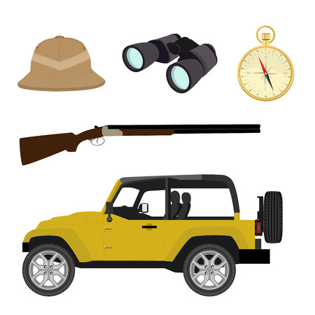 Vector safari travel icon set with compass, rifle, pitch helmet, binoculars and yellow carのイラスト素材