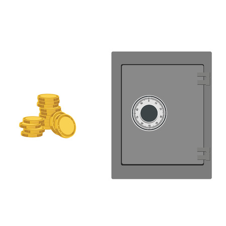 Vector illustration of closed bank safe and coins. Money safe icon. Steel safe. Security concept with metal safe iconのイラスト素材