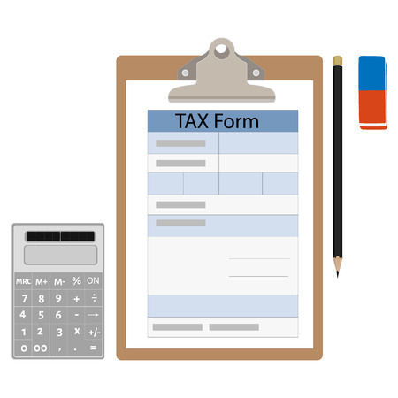 Vector illustration brown clipboard with income tax form, pencil, eraser and calculator. Federal income tax form. Tax returnのイラスト素材