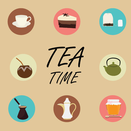 Tea flat icons. Cup of tea honey calabash and bombilla teapot coffeepot cake tea bag. Tea timeのイラスト素材