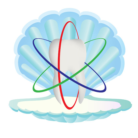 Tooth protection, defence. Tooth inside sea shell. Tooth pearls. Stomatology concept, logo or designのイラスト素材