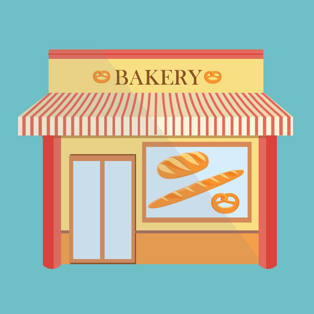 Bakery shop building facade with signboard. Flat style illustration or icon. Loaf of bread, french baguette and pretzel in shop windowのイラスト素材