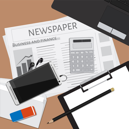 Top view of working place with elements on wooden table background pencil, eraser, smartphone, calculator, envelope, newspaper and laptop. Workplaceのイラスト素材