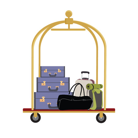 Vector illustration of hotel luggage cart with luggage, briefcase, backpack and bag. Luggage trolleyのイラスト素材