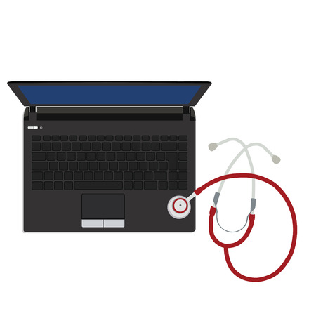 Vector illustration stethoscope repair laptop. Laptop top view. Computer viruses concept. Find Virus with stethoscope computer icon symbol. Security scan.のイラスト素材