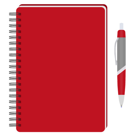 Vector illustration of red spiral notepad, diary, notebook or personal organizer with ball pen. Closed notebook. Red notebook coverのイラスト素材