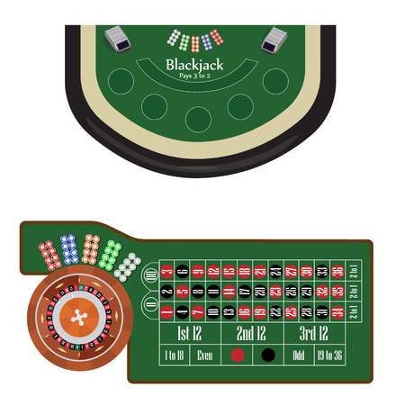 American roulette table with roulette wheel and ball, different colors chips vector illustration. Blackjack table. Gambling gameのイラスト素材