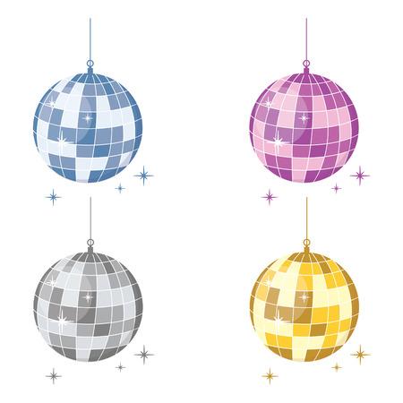 Vector illustration set of sparkling disco balls blue, purple, gold and silver. Flat icon.のイラスト素材
