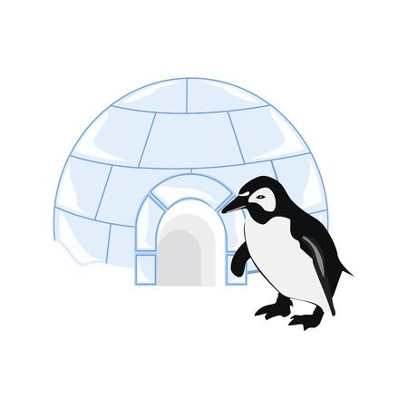 illustration snow or ice house igloo and penguin. House made from ice blocks