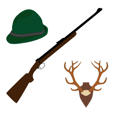illustration of deer, antler horns. Animal horn. Green german hat  and rifle. Hunting weaponのイラスト素材