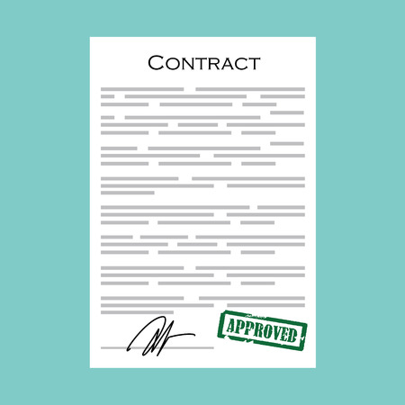 Business contract with signature and green stamp approved illustration. Contract icon on blue background. Agreementのイラスト素材