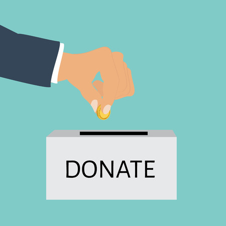 illustration donation, giving and receiving money. Charity concept. Hand putting coin in the boxのイラスト素材