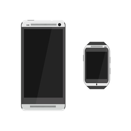 White realistic modern smartphone and smartwatch illustration . Mobile phone with touchscreen. Empty screenのイラスト素材