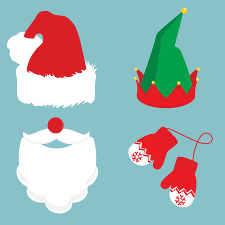 Merry christmas icon set Santa Claus, gnome hat and winter mittens. Santa Claus beard, mustache, red nose and hat on blueのイラスト素材