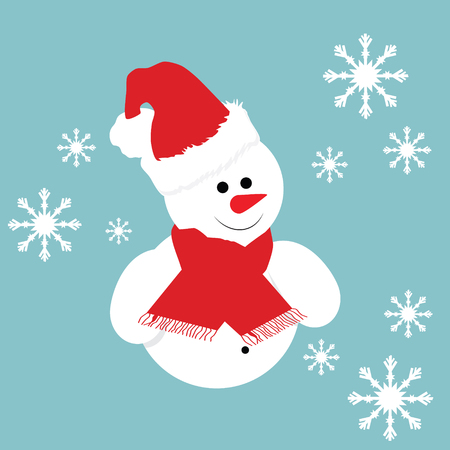 Christmas greeting card with snowman. illustration snowman in red santa hat and scarf. Blue background with snowflakesのイラスト素材
