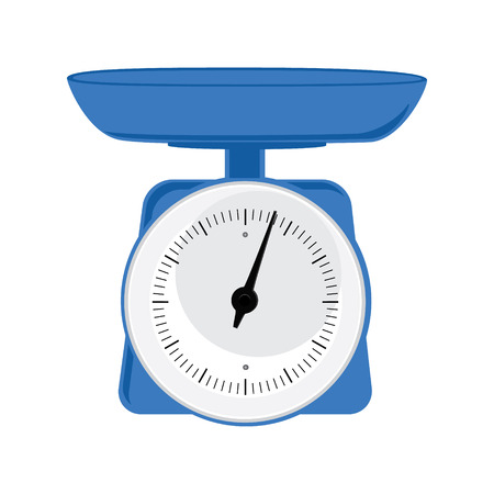 Vector illustration blue weight scale on white background. Weighing scales with pan and dial  for weight measurement. Kitchen appliances or measuring toolのイラスト素材