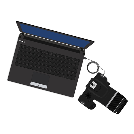 Vector illustration slr camera connected to laptop. Import photos from camera to pcのイラスト素材