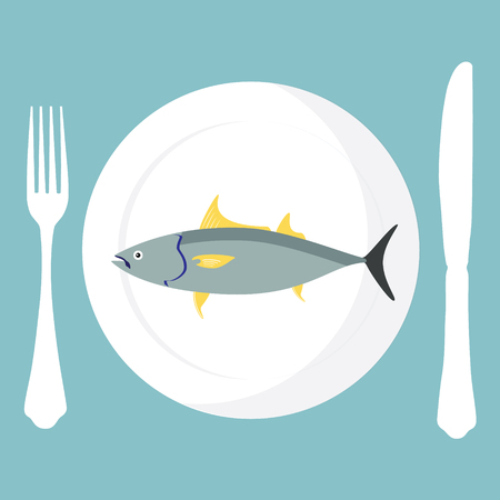 Vector illustration cooked tuna fish on plate with fork and knife on blue backgroundのイラスト素材