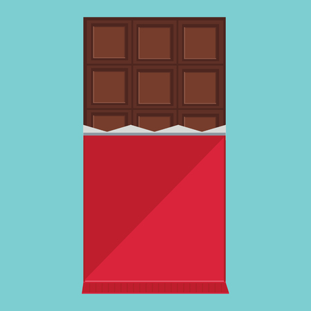 Vector illustration dark chocolater bar. Opened chocolate. Chocolate bar flat icon on blue backgroundのイラスト素材