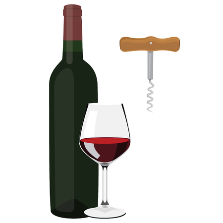 Vector illustration glass with red wine, wine bottle and wine corkscrew with wooden handleのイラスト素材