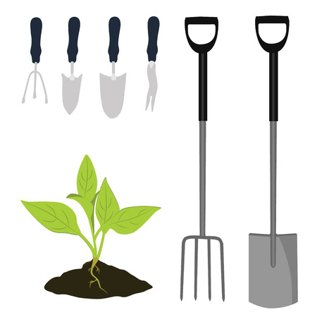 Garden tools vector icon set. Garden shovel, garden fork, cultivator and  plant growing in the ground. Little plant seedling.のイラスト素材