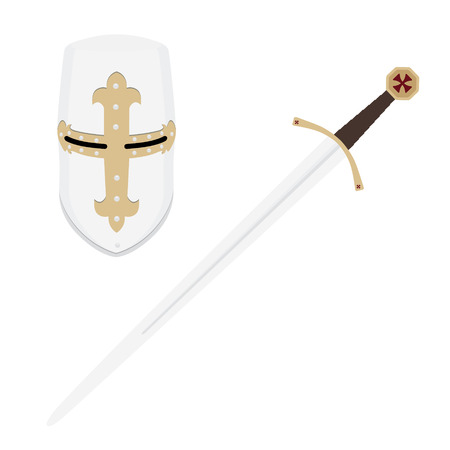 Vector illustration medieval templar knight helmet and sword. Metallic crusader armor. Medieval weaponのイラスト素材