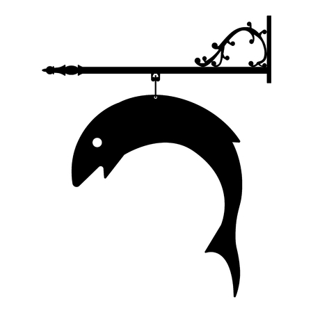 Vector illustration shop sign with fish black silhouette symbol for fish restaurant or shop.のイラスト素材