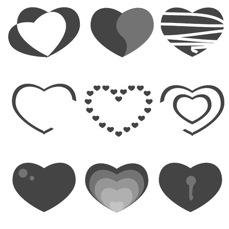 Set of nine heart icons raster isolated on white, symbols, love icons, heart shapeの写真素材