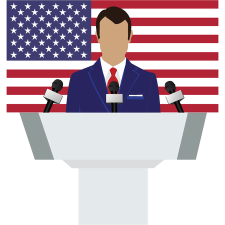Vector illustration presentation conference concept. Speaker, man in suit speaking from tribune. USA, american flag on backgroundのイラスト素材