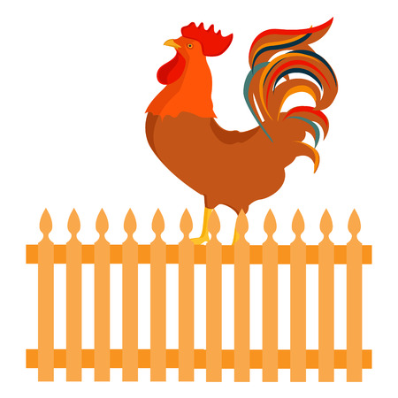 Vector illustration early bird concept. Rooster, cock on fence in a countrysideのイラスト素材