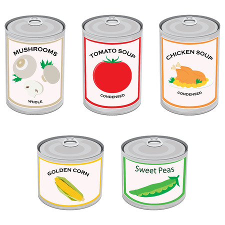 Vector illustration canned food set, collection. Tomato soup, chicken soup, sweet peas, golden corn and mushrooms.  Metal tin canのイラスト素材