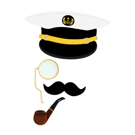 Vector illustration navy cap with golden anchor and laurel wreath. Navy captain hat with black moustache, monocle and smoking pipeのイラスト素材