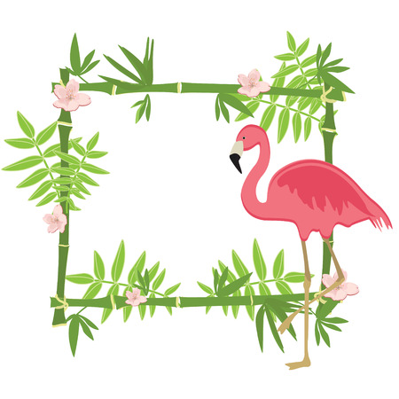 Vector illustration tropical island frame, border, poster with exotic flowers, plants and birds. Bamboo frame. Pink flamingoのイラスト素材