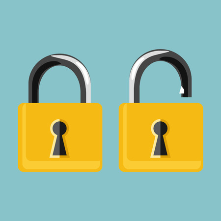 Vector illustration opened and closed golden locks on blue background. Lock icon set, collection. Padlockのイラスト素材