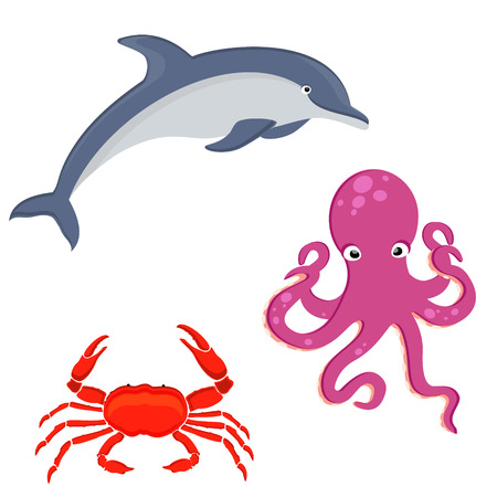 Vector illustration set of sea creatures. Dolphin, octopus and crab. Sea animals collectionのイラスト素材