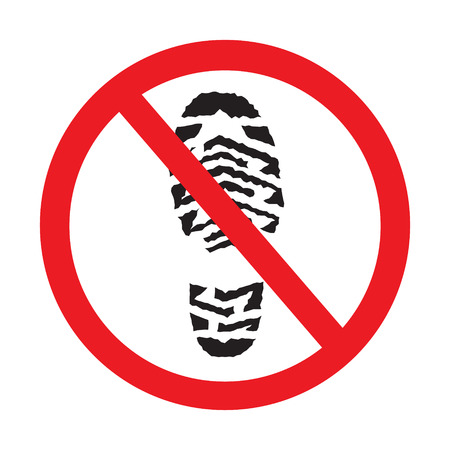 Vector illustration sign no shoe walking. Do not stay. Prohibited public information icon. Not allowed shoe symbol. Stop label print. Imprint of foot in red round isolated on white background.のイラスト素材
