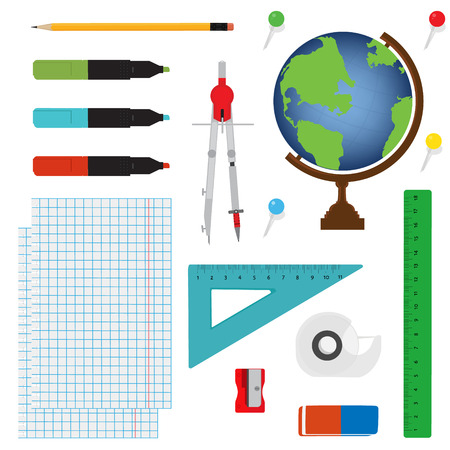 Vector illustration of Back to School supplies. School supplies learning equipment and different school supplies colorful office accessories. School supplies equipment and back to school icons.のイラスト素材