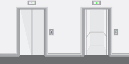 Vector illustration two elevators with closed and opened doors on first floor. Office buildingのイラスト素材