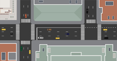 City street with cars viewed from the top. Crossroads in the town. Top view of the city. Top view of urban crossroads with cars and housesのイラスト素材