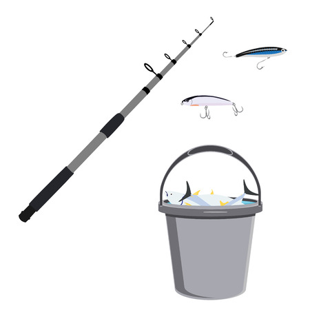 Fishing pole, bait and bucket full of fresh fish isolated on white background. Fishing equipment. Fisherman catchのイラスト素材