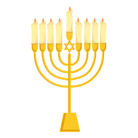 Vector illustration  golden menora or menorah with burning candles usually used at Hanukkah celebrations. Menorah with David star jewish symbolのイラスト素材